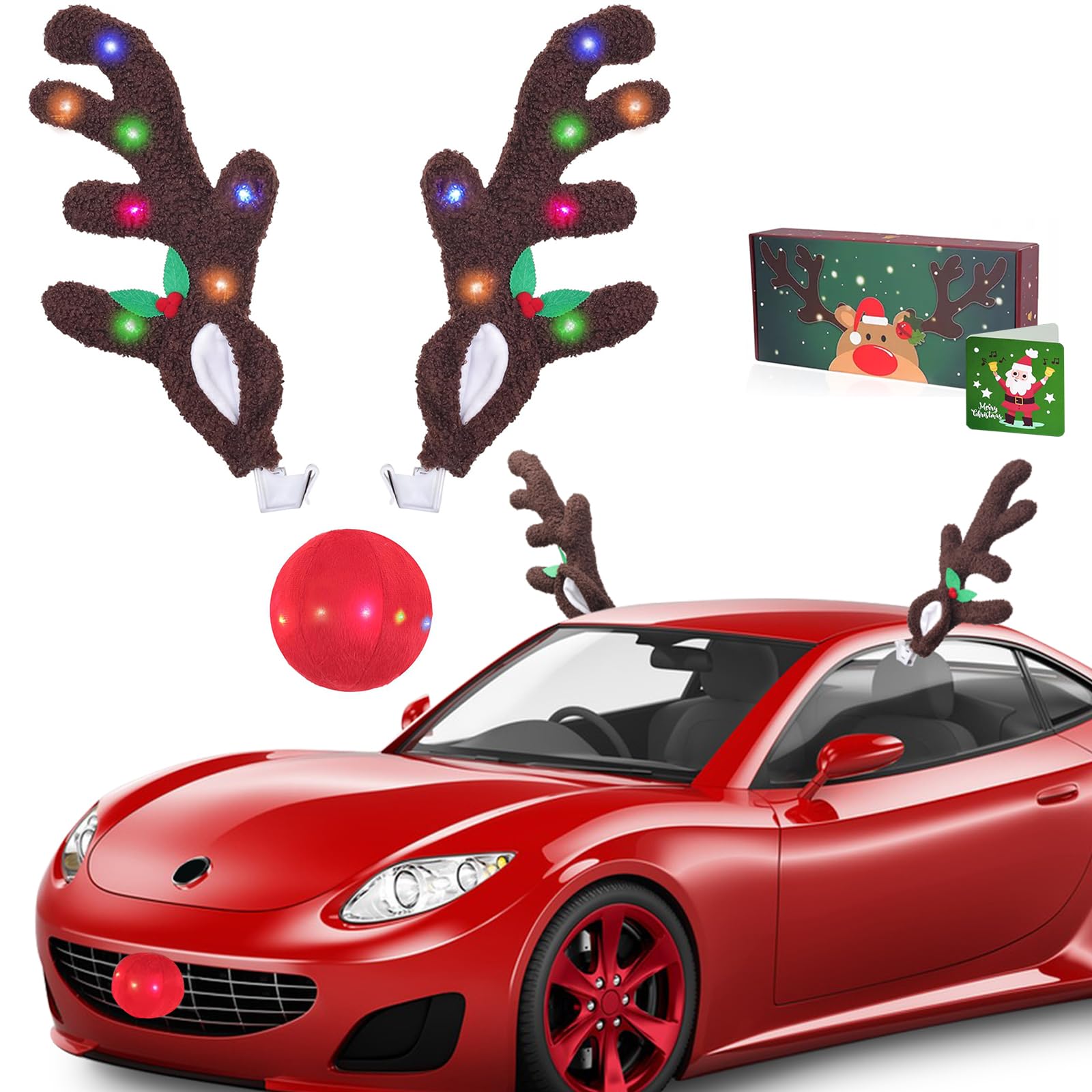 View 1 of *MISSING PARTS - Missing 1 antler*
Reindeer Antlers for Car Decoration, ASTRAEA Christmas Car Reindeer Ears & Red Nose with LED Lights, Auto Holiday Accessories for SUV Van Truck Decor Multicolor with Greeting Card