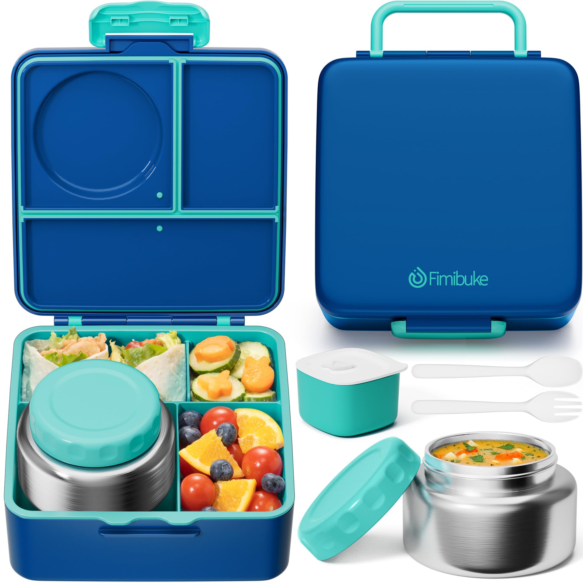 Photo 1 of Fimibuke Bento Box for Kids Adult, BPA Free & Leakproof Toddler Lunch Box with 8.5oz Insulated Thermos Food Jar, Utensils & Sauce Jar, Dishwasher Safe 3 or 4 Compartment Container for School Girl Boy