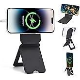 EWEMDAI Phone Stand, Magnetic Phone Tripod, Foldable Cell Phone Tripods Stain-Resistant Leather & Angle Adjustment, Multifuctional Strong Magnets Tripod for iPhone 16/15/14/13/12 -Black