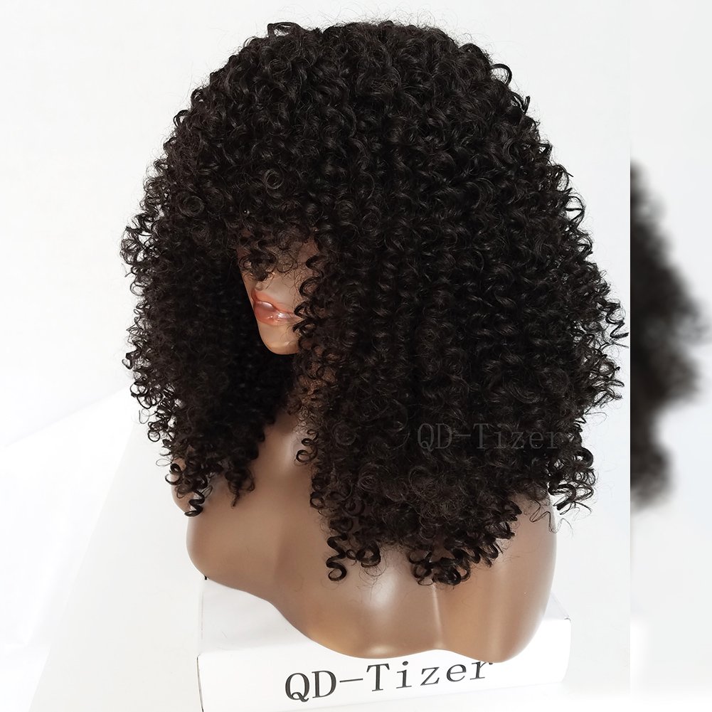 QD Tizer Afro Locken Perücke Synthetik keine Spitzenhaube mit Seide Dichte 61 cm Schwarz Amazon Beauty