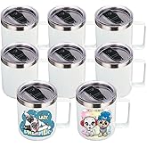 Volhoply 14oz sublimation Insulated Stainless Steel Coffee Mug with Lid Bulk 8 Pack,Double Wall Vacuum Travel Coffee Cup with Handle,Reusable Metal Cups Tumbler,Camping Mugs(Sublimation,8)
