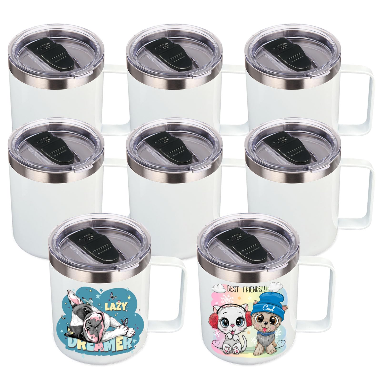 Photo 1 of ***MISSING ONE,PRICE ADJUSTED*** Volhoply 14oz sublimation Insulated Stainless Steel Coffee Mug with Lid Bulk 8 Pack,Double Wall Vacuum Travel Coffee Cup with Handle,Reusable Metal Cups Tumbler,Camping Mugs(Sublimation,8)