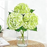 Cherica Real Touch Green Hydrangea Artificial Flowers with Stems, Fake Silk Flowers for Outdoors, 3 Pcs Artificial Flowers for Home Decor Wedding Bouquets Centerpieces Vase