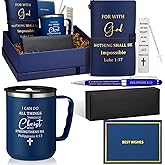 Shellwei 6 Pcs Valentine's Day Christian Gifts 17 oz Christian Coffee Mugs Leather Bible Notebook Religious Pen Metal Bookmark Greeting Card Box Present for Valentine's Pastors Gifts(Blue)
