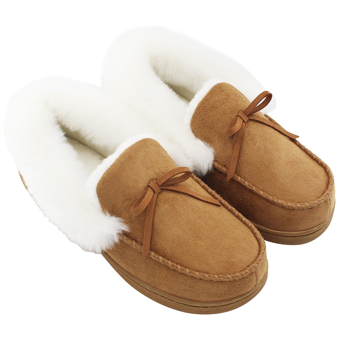HomeIdeas Women's Faux Fur Lined Suede House Slippers, Breathable Indoor Outdoor Moccasins