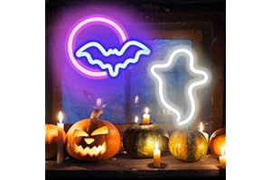 BRIGHTDECK 2 Pack Halloween Neon Signs, White Ghost, Blue Bat Full Moon Neon Lights Decorations, USB/Battery Powered Led Neon Sign for Halloween Wall Decor, Bedroom, Kids Gift, Living Room, Bar, Party
