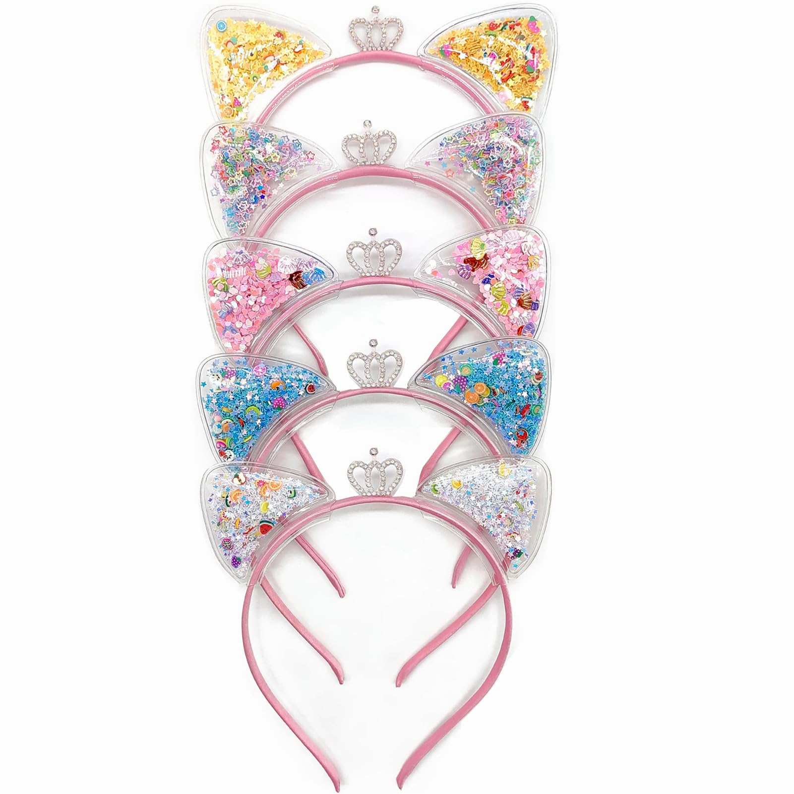 Spolife 5Pcs Cat Ears Headband,Cute and Sweet Cat Ears Headbands with Bling Crown,Girls Daily Life and Party Supplies(Cat ears+crown)