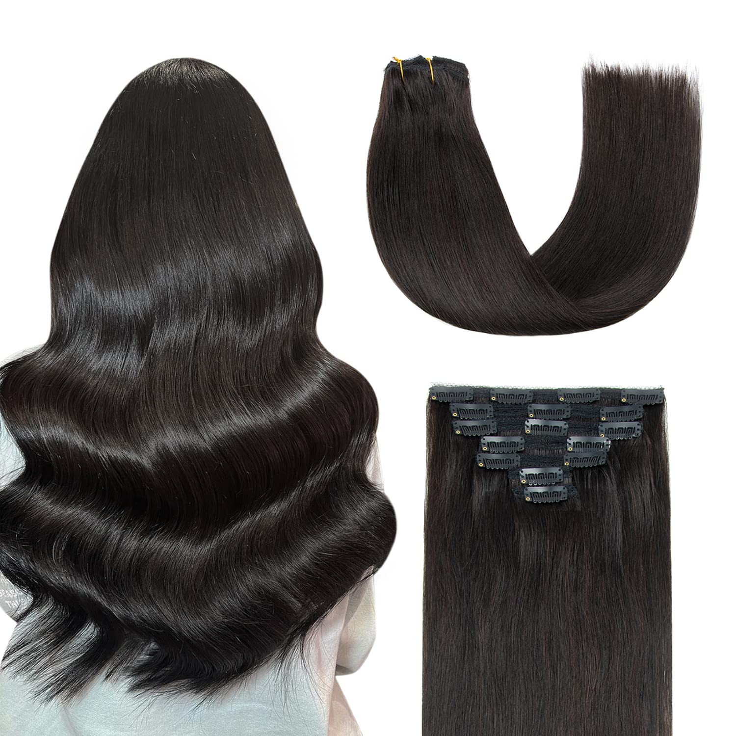 AGMITY Clip in Hair Extensions 100% Human Hair Natural Black 7 Pieces 14 inches 110g Seamless Double Weft Straight Clip in Remy Human Hair Extensions(14 inches #1B Off Black) — image 1