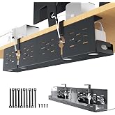 Univivi Under Desk Cable Management Tray, Cable Management, 32 inch, Black | Durable Steel Material, Under Desk Cable Tray with No-Drill C-Clamp and Screw Mount, Wire Management for Office/Home