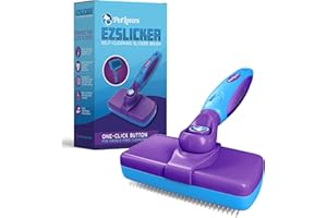 PetLovers EzSlicker Self-Cleaning Brush - Dog Brush for Shedding, Gentle Slicker Brush for Cats, Tangle-Free Grooming Comb with Soft Bristles & Ergonomic Handle for Stress-Free Grooming (Purple)