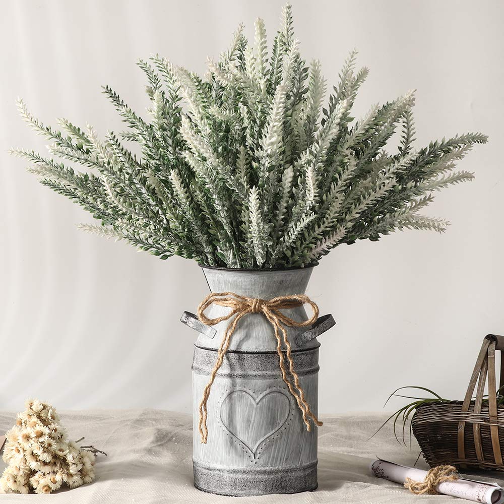 LESING Artificial Lavender Flowers with Vase Fake Lavender Plants in Decorative Metal Vase Rustic Vintage Flowers for Home Farmhouse Decoration (Heart,White)
