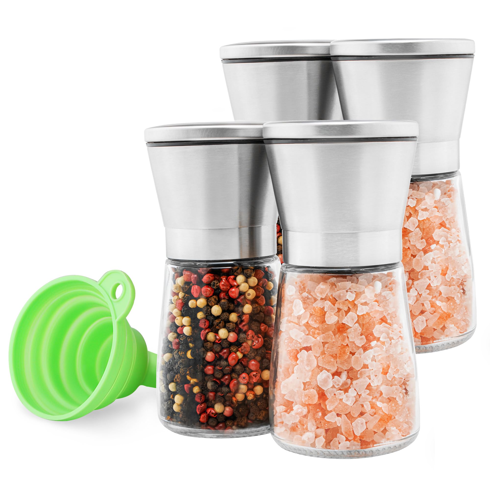 M JINGMEI Salt and Pepper Grinder Set of 4, Refillable Spice Pepper Mill, Manual Sea Salt & Black Pepper Shakers, Adjustable Stainless Steel Cap, Glass Body Ceramic Blade