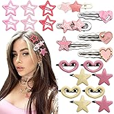SAWINDA 20Pcs Pink Y2K Star Clips Heart Snap Hair Barrettes Cute Star Clips for Girls Valentine's Day Y2K Metal Non-Slip Hairpins for Hair 2000 Hair Accessories for Women