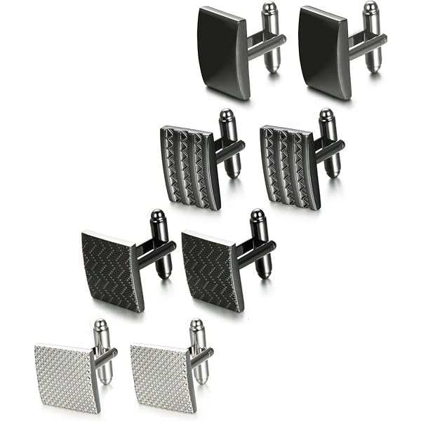 Juego De 4 Pares De Gemelos Para Hombre - Plata Y Negro, Diseños Clásicos - Para Bodas, Negocios, Eventos Formales