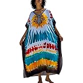 Chunoy Women Sunflower Print Kaftan V Neck Casual Bathing Suit Kimono Sleeve Side Split Beach Cover Up Caftan Dress