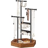 SONGMICS Jewelry Holder, Jewelry Organizer, 3 Tiers and 1 Tray, Jewelry Display Stand with Metal Frame, Necklace Earring Bracelet Holder, for Rings, Ink Black and Caramel Brown UJJS03CB