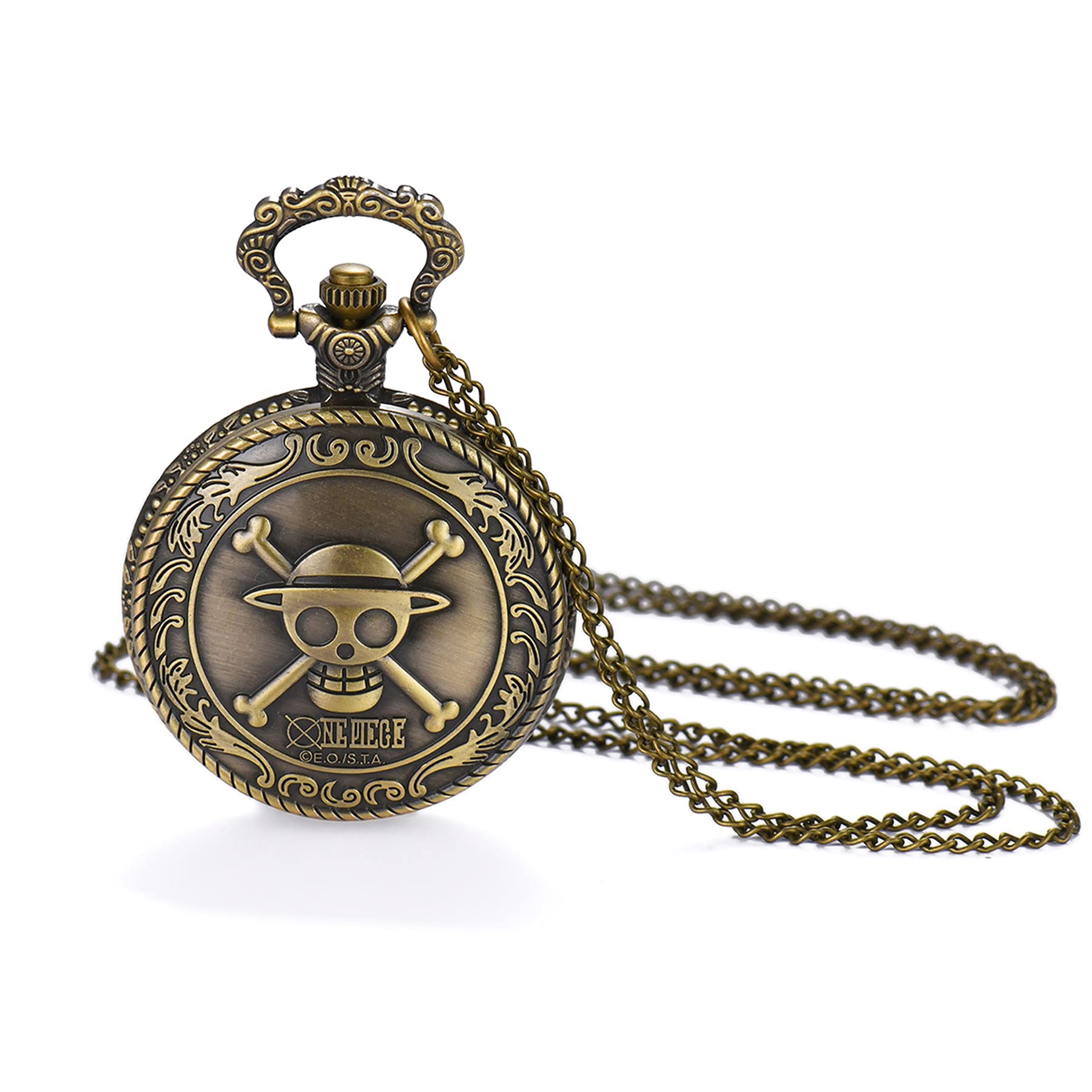JewelryWe Antique Bronze Anime Skull One Piece Style Quartz Pocket Watch Necklace with 31.5 Inch Chain for Halloween