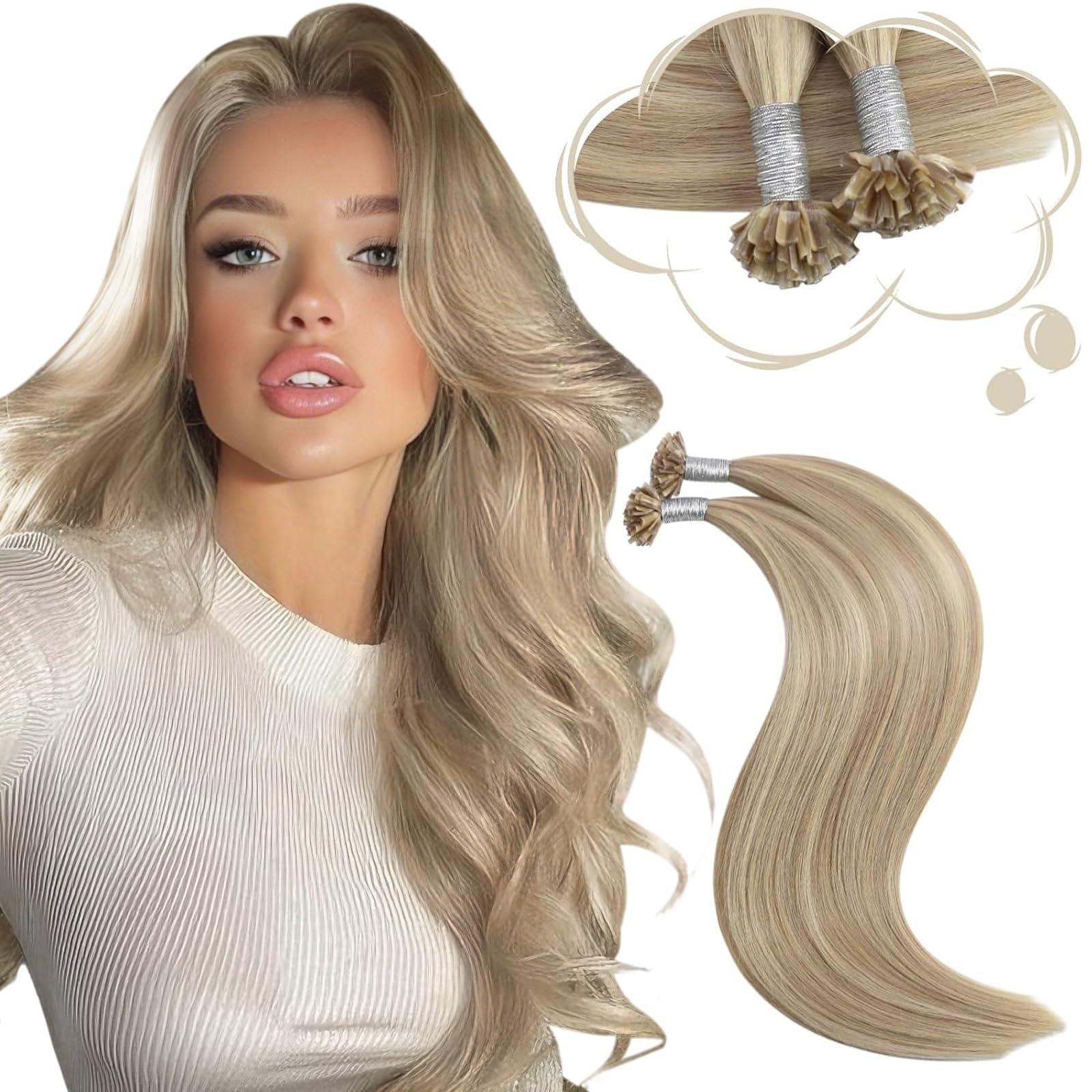 Moresoo U Tip Hair Extensions 20 Inch Dark Honey Blonde with Medium Blonde Pre Bonded Hair Extensions Real Human Hair Highlights 1g/s 50g/Pack #16/22 โ image 1