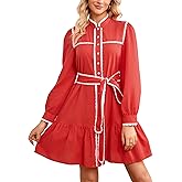 Womens Button Down Cotton Shirt Dress Long Sleeve Stand Collar Lace Trim Ruffle Tiered Swing Belt Mini Dress with Pockets