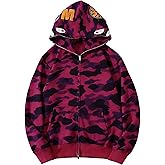 RICK TOP ONE Unisex Camouflage Hoodie with Shark Embroidery, Full Zip, Lightweight Couple sweatshirts heavyweight hoodie (US, Alpha, Medium, Regular, Regular, Purple)