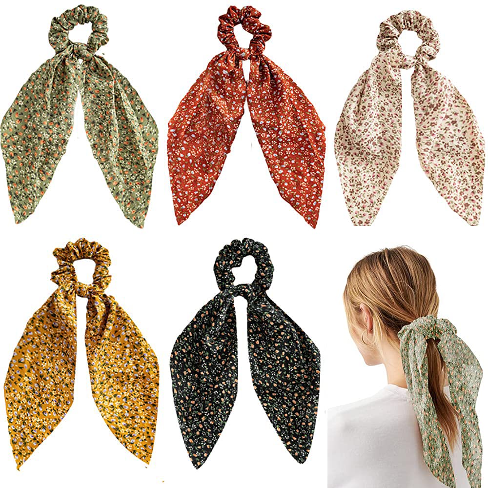 fashion Floral Hair Scarf with Ribbon Bow Hair Scrunchies,Chiffon Floral Scrunchie Long Hair Bands Ties,Hair Ties Scrunchies 2 in 1,Ponytail Hair Accessories for Woman Girls