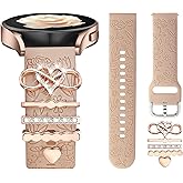 DaQin Flower Engraved Band Compatible with Samsung Galaxy Watch 7 Band/FE 6 5 4 40mm 44mm,Galaxy Active 2, 20mm Watch Band Soft Silicone Replacement Strap with Decorative Charms Accessories Women