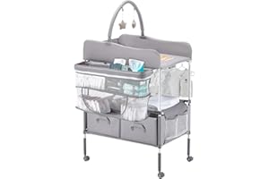 VEVOR Baby Changing Table, Foldable Diaper Change Station with 2 Fabric Drawers, Side Basket & Hanging Rod, Adjustable Height