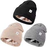 3 Pack Satin Lined Winter Beanie Hats for Women Men,Silk Lined Womens Beanies Knit Soft Warm Cuffed Hat