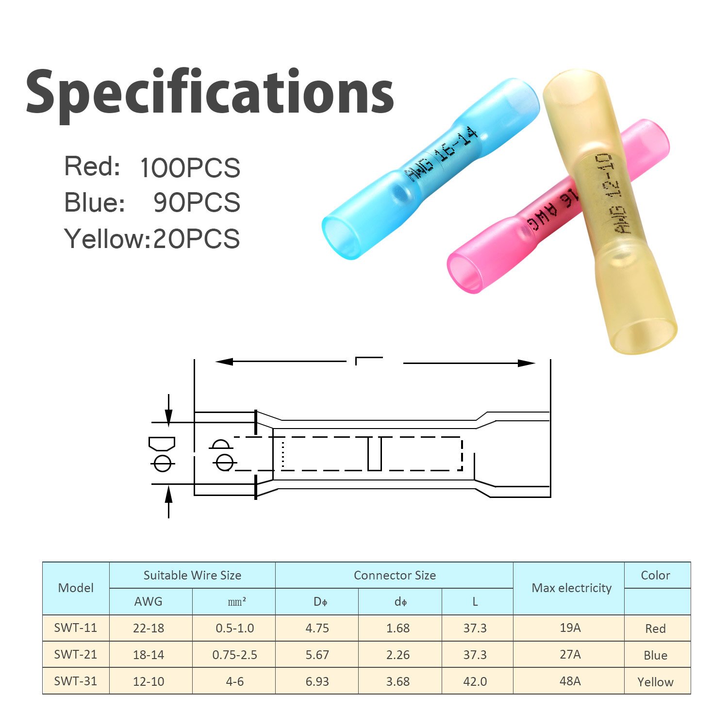 Kuject 200Pcs Heat Shrink Butt Connectors 16-14 AWG, Crimp Electrical Wire Connectors, Insulated Waterproof Butt Splice Terminal for Automotive, Marine, Audio