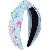 Gmmidea Candy Knotted Headbands for Women Cute Rainbow Lollipop Ice Cream Charm Headband Beaded Wide Top Knot Birthday Hairband Funny Rhinestone Hair Accessories