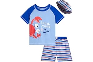 Quad Seven Baby Toddler Boys Swim Set - 3 Piece Swim Trunks Short Sleeve Rash Guard for Boys & Bucket Hat Swimwear (12M-4T)