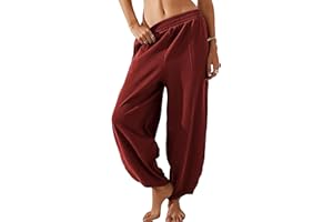 Himosyber Women Cotton Pants Wide Leg Pants Casual Loose Drawstring Low Waist Beach Palazzo Harem Pants