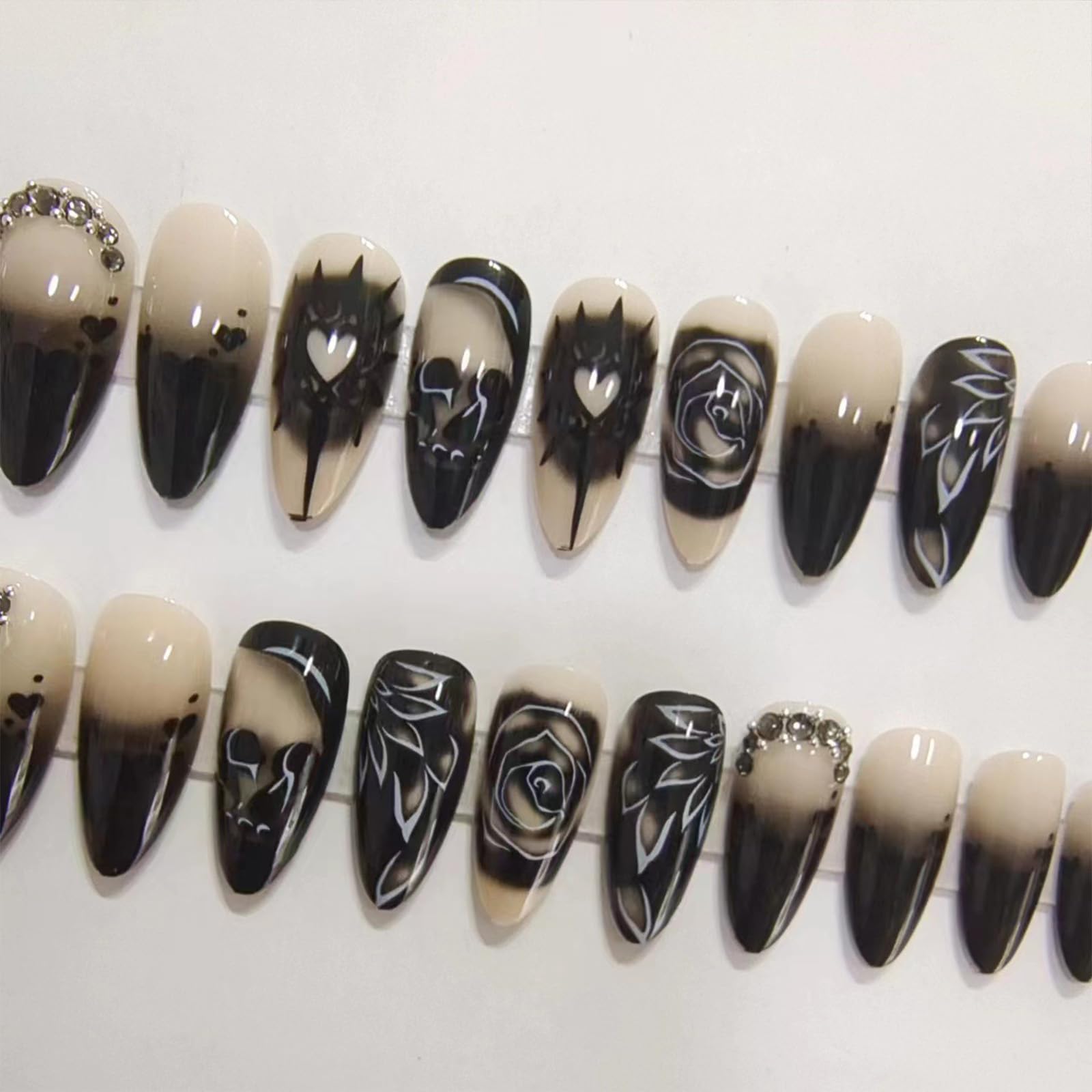 Halloween Press on Nails Long Almond Fake Nails Goth Skull Black Rose False Nails with Design Rhinestone Acrylic Glue on Nails Glossy Full Cover Stiletto Artificial Stick on Nails for Women Manicure - Image 5