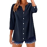 LOMON Womens 3/4 Sleeve Button Down Shirts Cotton Linen Roll Up Short Sleeve Tops V Neck Casual Loose Fit Blouses