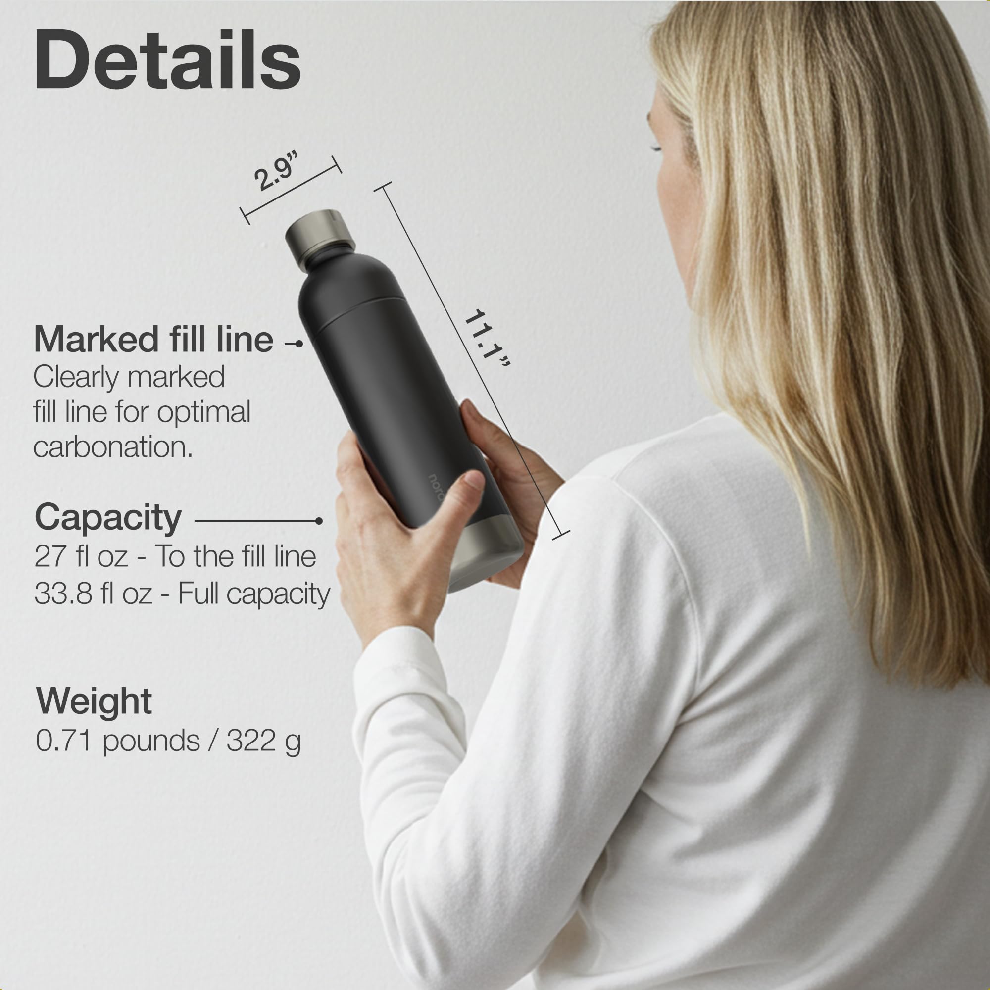 Premium 33 oz Stainless Steel Bottle - Compatible with Sodastream Art, Duo, Enso, Terra (not Aqua Fizz), Aarke Carbonator 3 | No expiration date | Dishwasher safe | Bpa-free