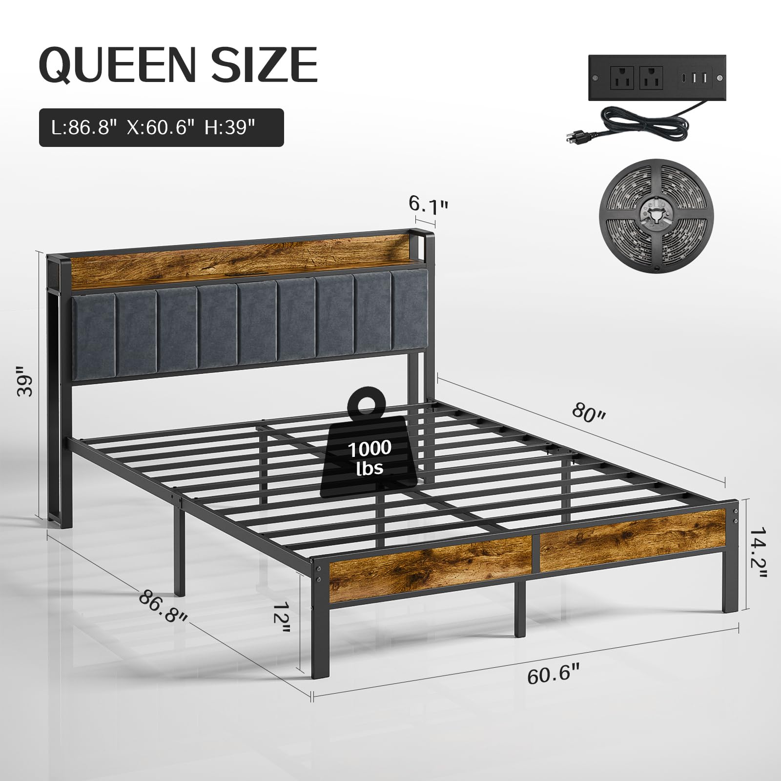 Liians Queen Bed Frame with Headboard, Metal Platform Bed with Smart LED Lights and USB Charging Station, Easy Assembly, No Box Spring Needed