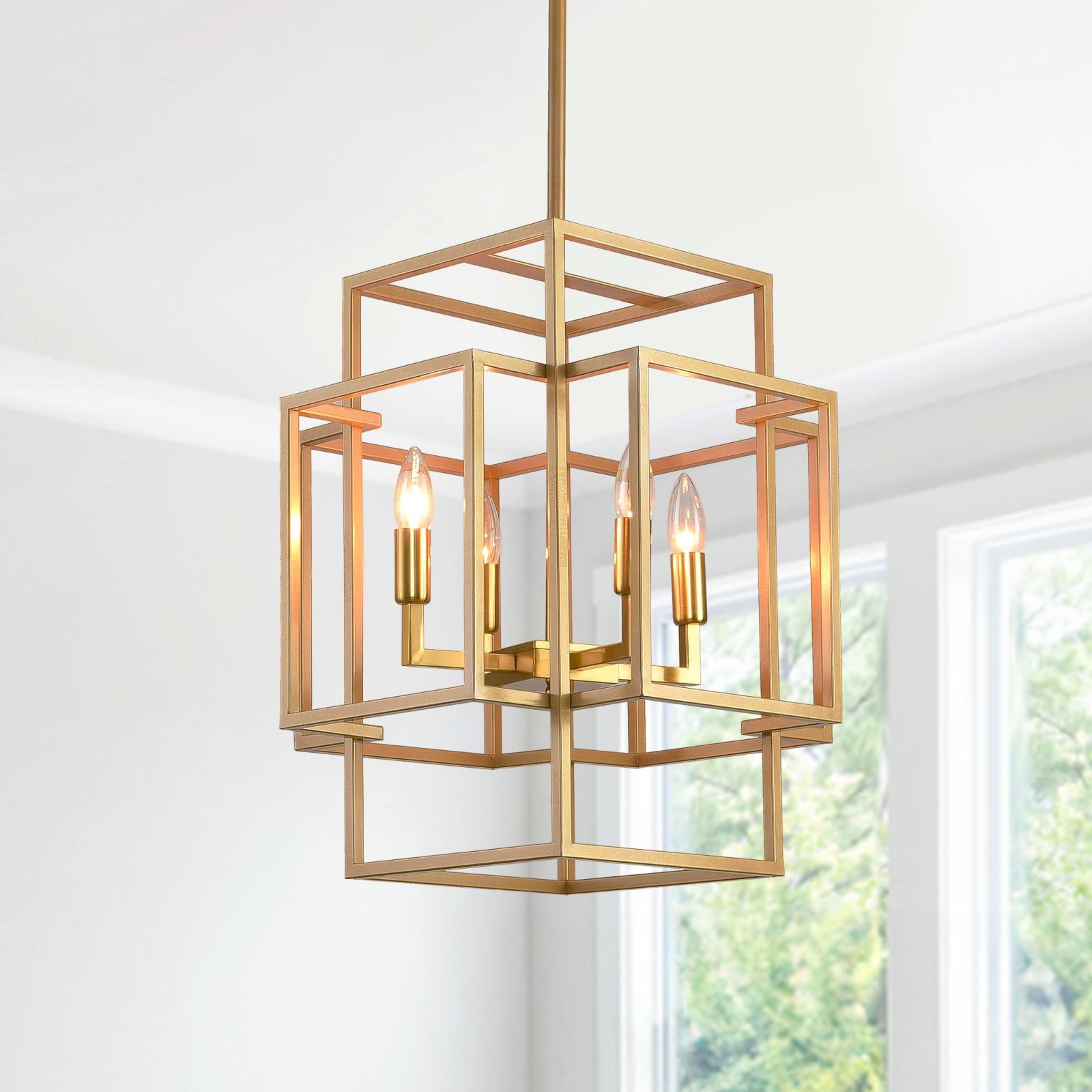 Photo 1 of 16.5" Gold Chandelier, 4-Light Industrial Lantern Ceiling Pendant Light Fixture, Modern Foyer Lighting Fixtures, Large Chandelier for Entryway, Farmhouse Pendant Lights for Dining Room, Staircase