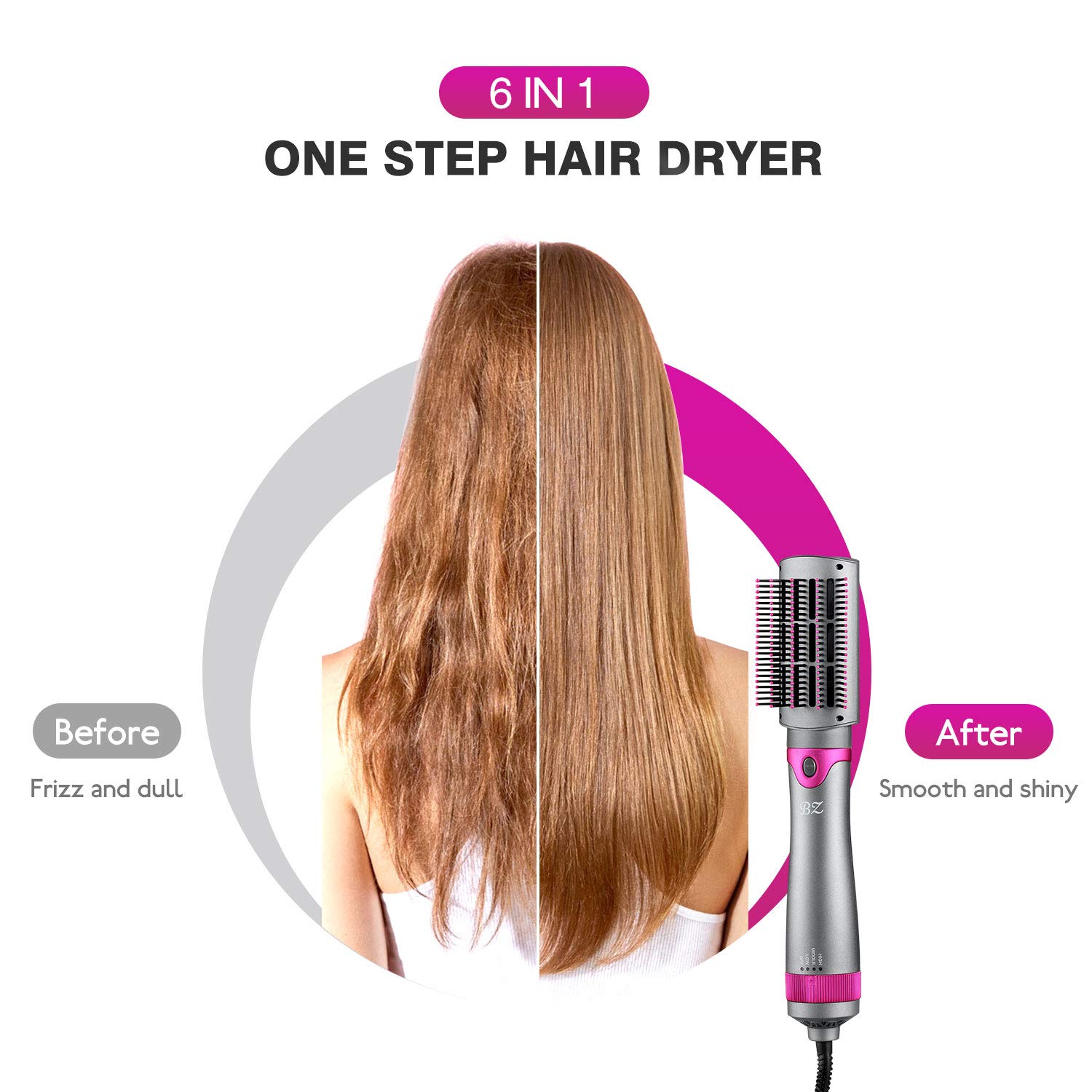 BZ 6 in 1 Hair Dryer Brush and Volumizer, Detachable Hair Dryer Styler, One-Step Hot Air Brush for Straightening Curling Drying Combing Scalp Massage Styling : Beauty
