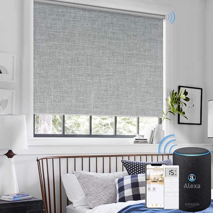 Graywind Motorized Roller Shades 100% Blackout Window Shades Cordless Thermal Insulated Window Roller Blinds with Valance and Triple Weaved Fabric for Smart Home and Office, Customized Size Light Grey
