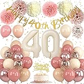 Froova 40th Birthday Decorations for Women Retro Blush Pink Birthday Balloons Happy 40th Banner Cake Topper Pom Pom Nude Rose Gold Number 40 Balloon for Her 40 Years Old Bday Party Decoration Supplies