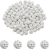 Pine & Linen 100 pcs 10mm Shiny Rhinestone Beads, Round Disco Ball Bulk Sparkle Clay Baseball, Fancy Crystal Beads for Jewelry Making/Crafting and DIY(White)