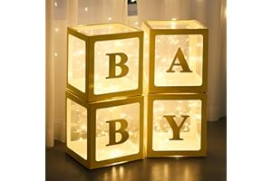 Ledido Baby Boxes with Letters for Baby Shower Decorations, 4 pcs Clear Balloon Boxes Blocks Decor with LED Fairy String Lights for Boy Girl Gender Reveal Decorations Backdrop Party (Gold)