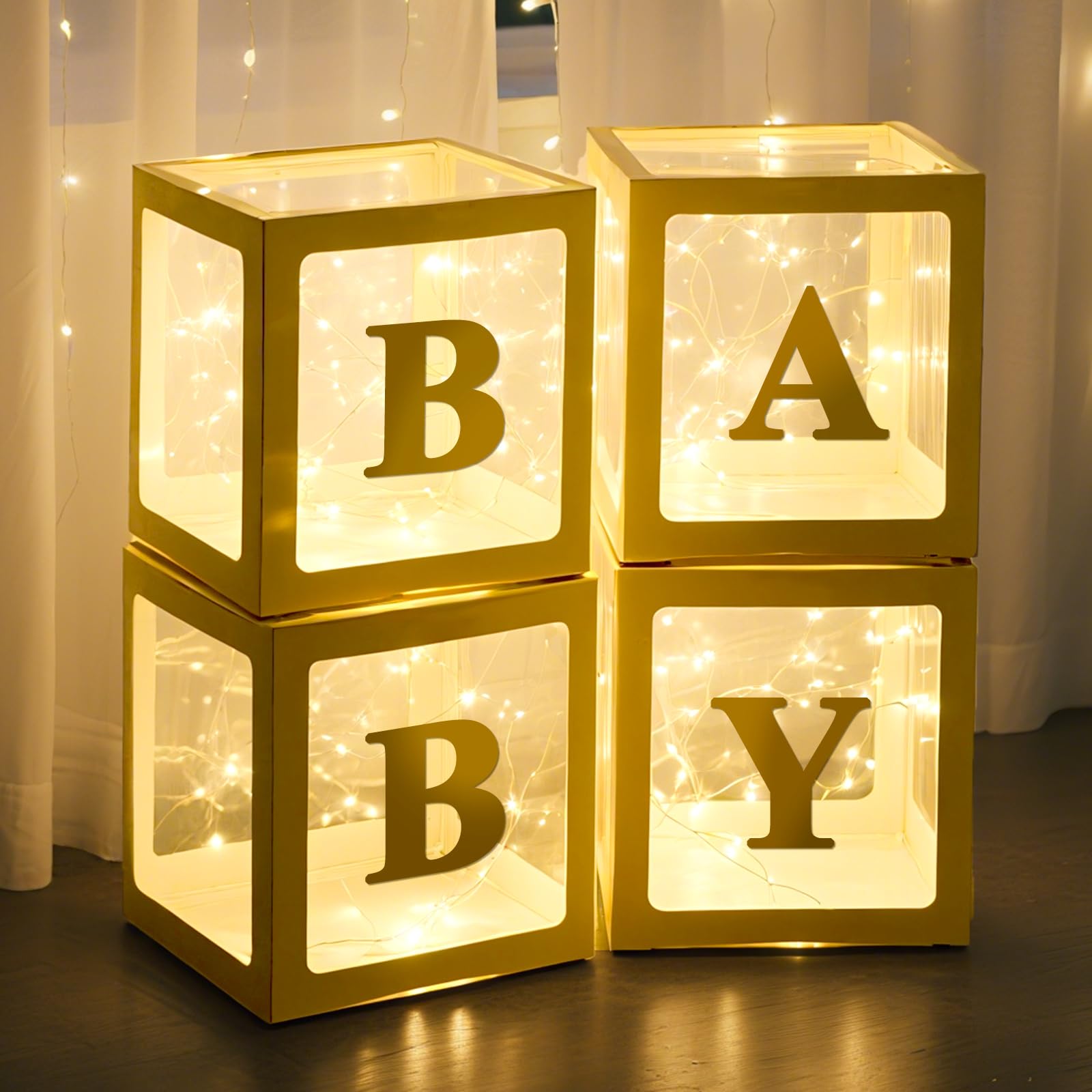 Photo 1 of Ledido Baby Boxes with Letters for Baby Shower Decorations, 4 pcs Clear Balloon Boxes Blocks Decor with LED Fairy String Lights for Boy Girl Gender Reveal Decorations Backdrop Party (Gold)