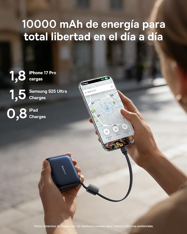 AC22 Mini Powerbank 10000mAh, bateria portátil externa de carregamento rápido PD 45W com cabo USB-C integrado, power bank compacto para iPhone 18/17/16, Samsung S26/S25 Ultra, iPad e Pixel 10/9