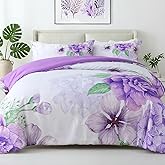 Heymybed Floral Comforter Set Queen Size, 3 Pieces Elegant Purple Floral Bed in a Bag, Soft Microfiber Botanical Flower Bedding Set with 2 Pillowcases for All Season 90"×90"