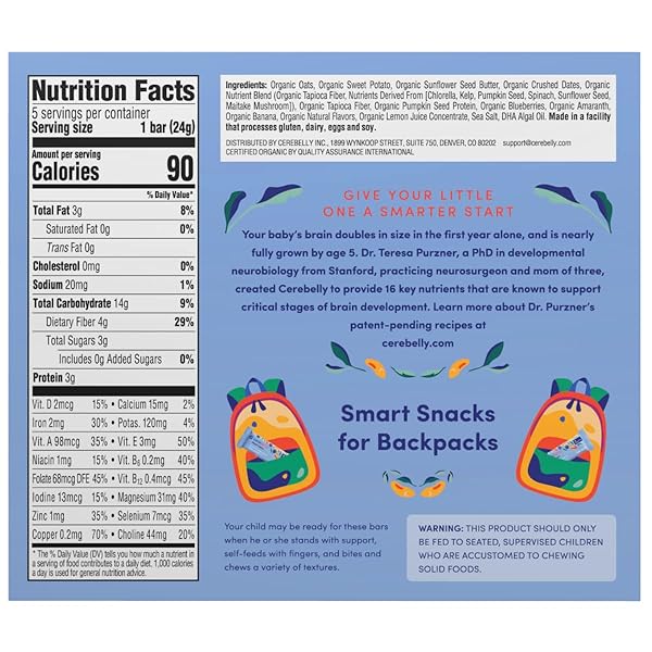 CEREBELLY TODDLER BARS – ORGANIC SWEET POTATO BLUEBERRY BANANA SMART BARS | HEALTHY SNACK FOR KIDS | 16 BRAIN-SUPPORTING NUTRIENTS, GLUTEN FREE, NUT FREE, NO ADDED SUGAR | BABY SNACKS | PACK OF 5