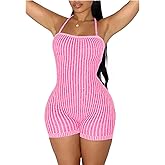 pnahip Backless Bodycon Jumpsuit for Women Lace Up Ribbed Knit High Waist Short Rompers One Piece Unitard Playsuit, Pink, XL