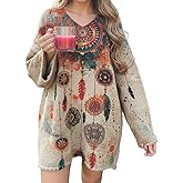 Akivide Women's Oversized Baggy Boho Tops Long Sleeve V Neck Loose Fit Colorful Bohemian Lightweight Knit Top Sweaters