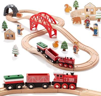 Giant bean Forest Theme Wooden Train Set 36 Pieces Toddler 3-7 Expan&able