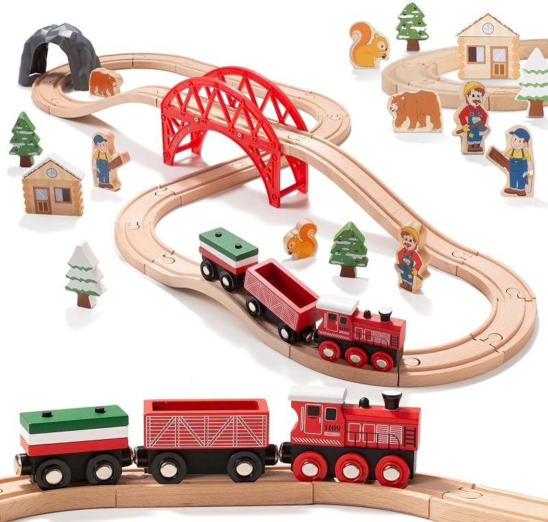 Giant bean Forest Theme Wooden Train Set 36 Pieces Toddler 3-7 Expan&able